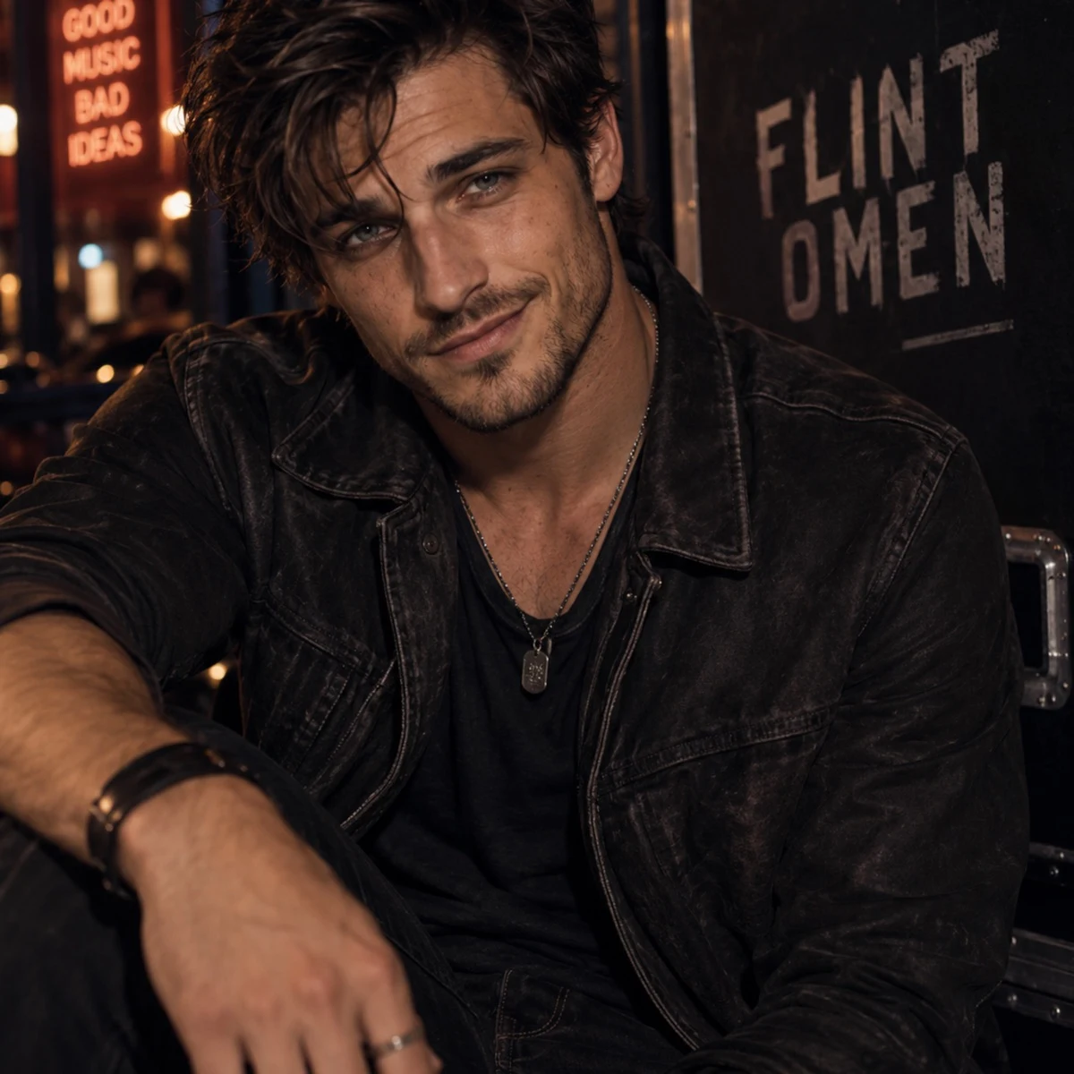 Flint album cover by Flint Omen: a dark-haired man in a worn dark jacket seated in a dim room, with Flint Omen painted on the wall behind him and a neon sign reading Good Music Bad Ideas.