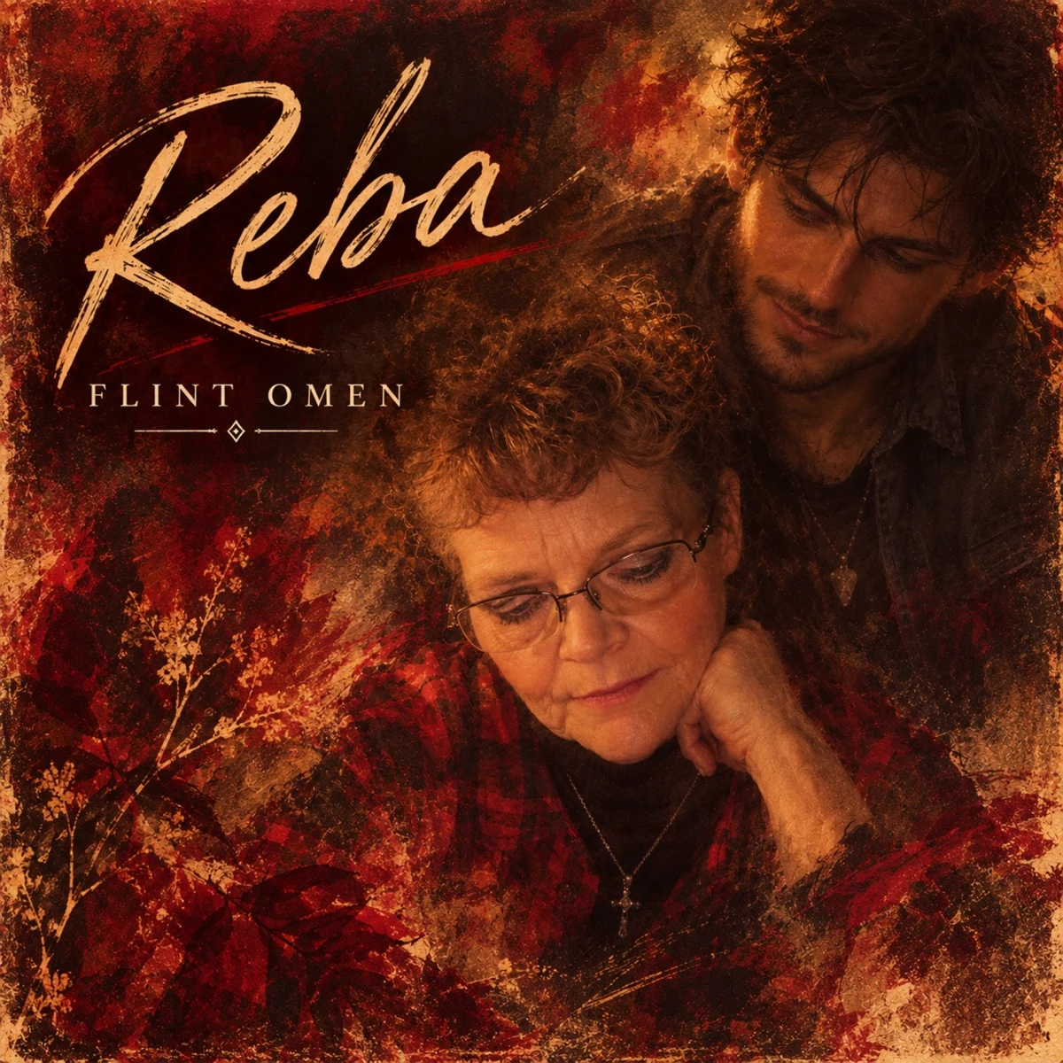 Reba cover art by Flint Omen: a painted portrait of an older woman in glasses resting her chin on her hand, with a dark-haired man behind her, in warm red and amber tones.