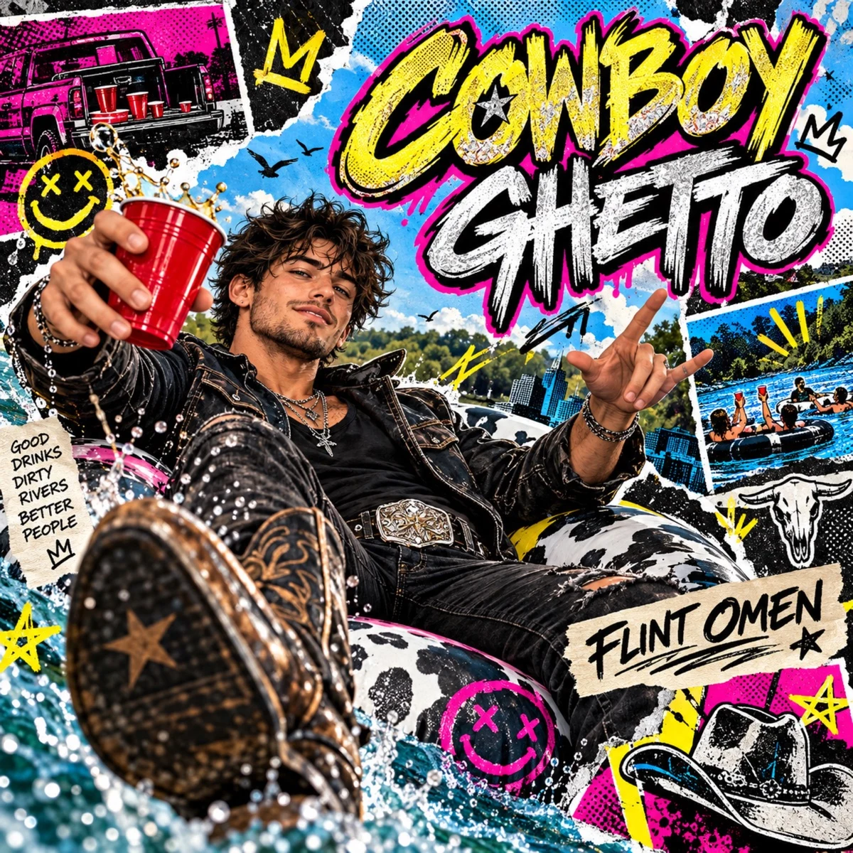 Cowboy Ghetto cover art by Flint Omen: a collage-style illustration of a grinning man in a studded jacket and boots floating on a cow-print inner tube and raising a red cup, surrounded by neon graffiti, smiley faces, a pickup truck and river scenes.