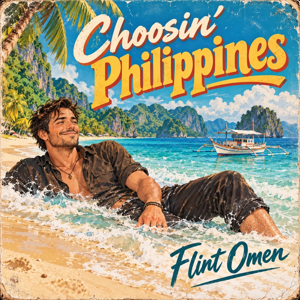 Choosin' Philippines cover art by Flint Omen: a smiling dark-haired man reclining in the surf on a tropical beach, with limestone islands and an outrigger boat on turquoise water behind him.