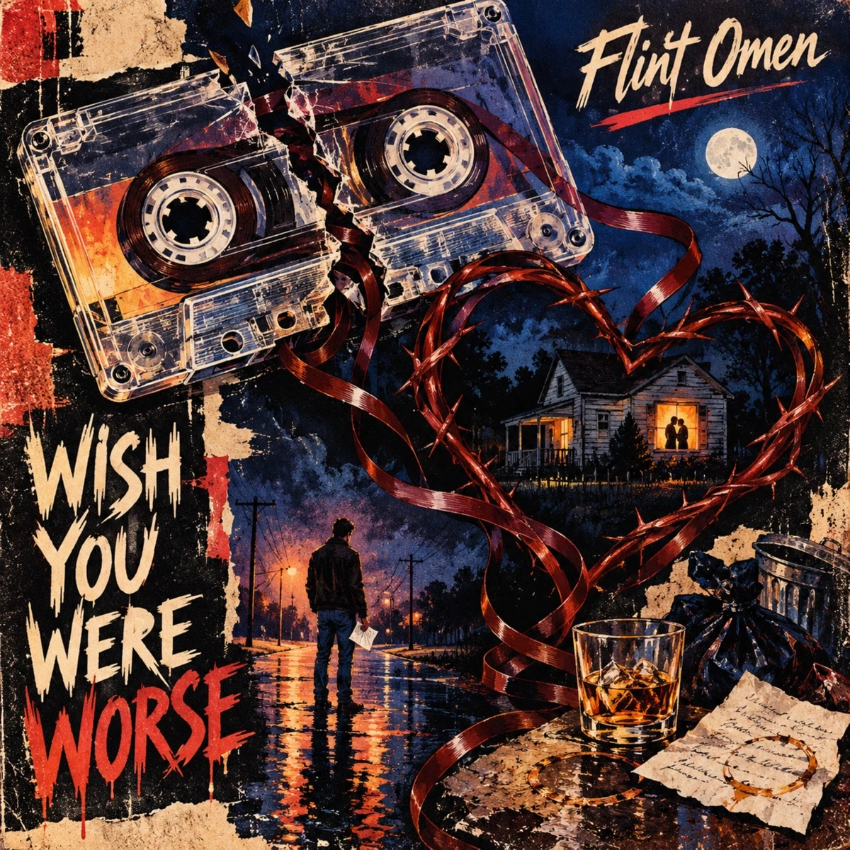 Wish You Were Worse cover art by Flint Omen: a broken cassette tape whose ribbon unspools into a heart around a farmhouse at night, a man standing under a streetlight on a wet road, and a glass of whiskey beside a handwritten letter.