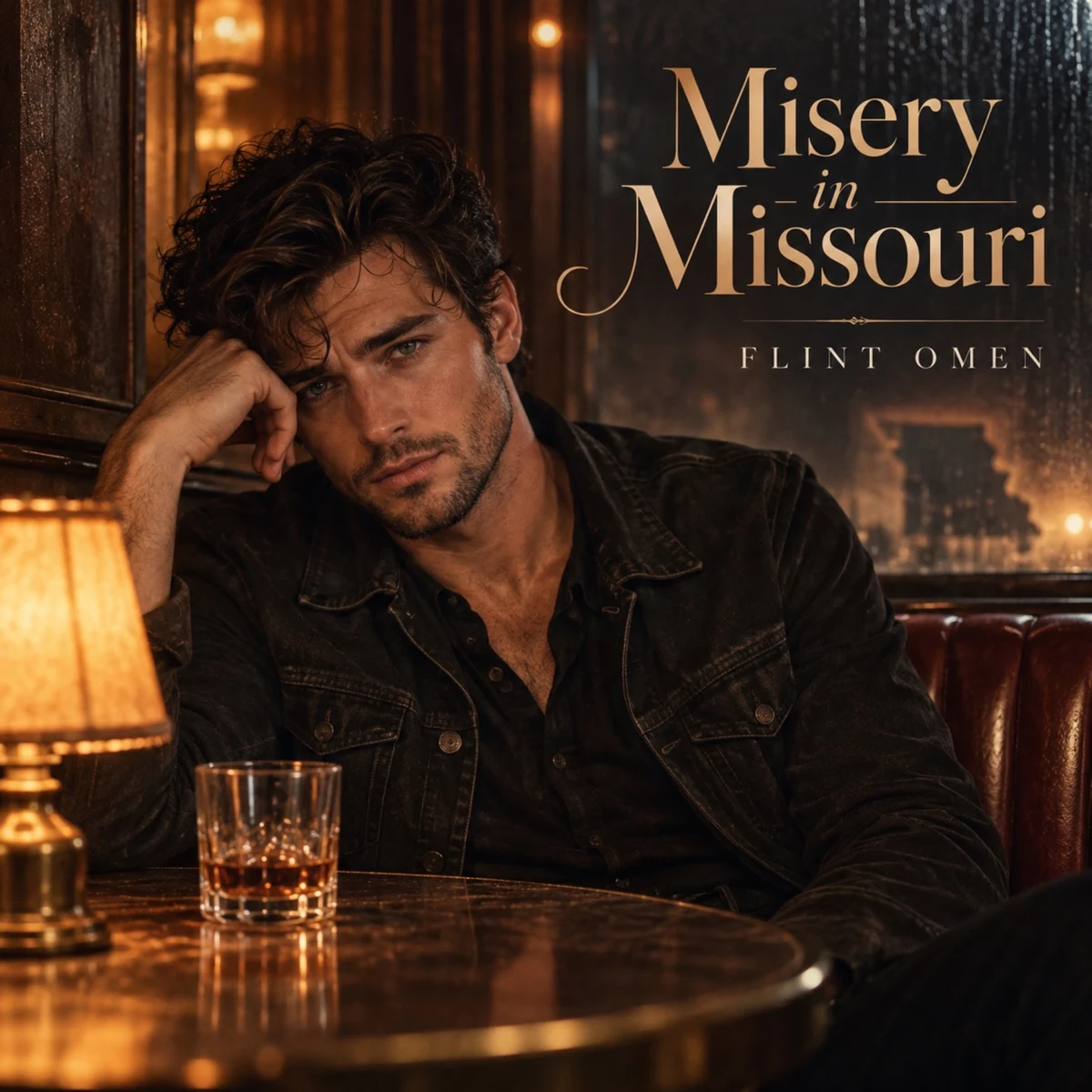 Misery in Missouri cover art by Flint Omen: a dark-haired man in a dark jacket sitting pensively in a dim bar booth beside a table lamp and a glass of whiskey.
