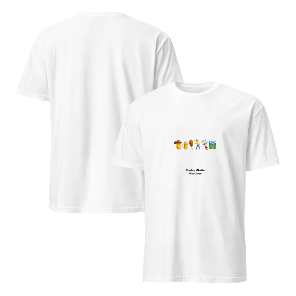 White Cowboy Ghetto emoji T-shirt shown front and back. The front has a row of colorful emoji — a cowboy hat, a mug of beer, fried chicken, a dancing cowboy, fireworks and a country field — above the words “Cowboy Ghetto” and Flint Omen; the back is plain.